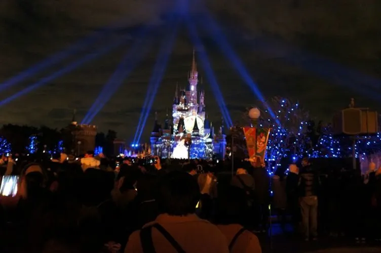 The Disneyland castle night show from far