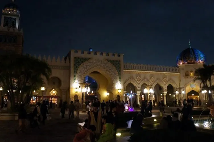 The Arabian Coast castle at DisneySea, lit up at night