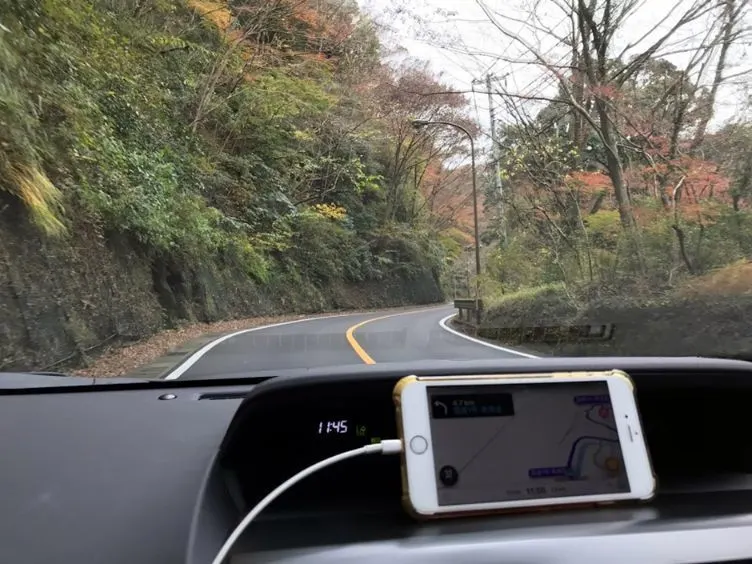 The road through Hakone, seen from the driver's seat of our rental car