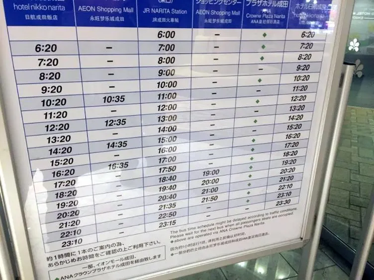 Timetable of the free shuttle bus in the Narita area