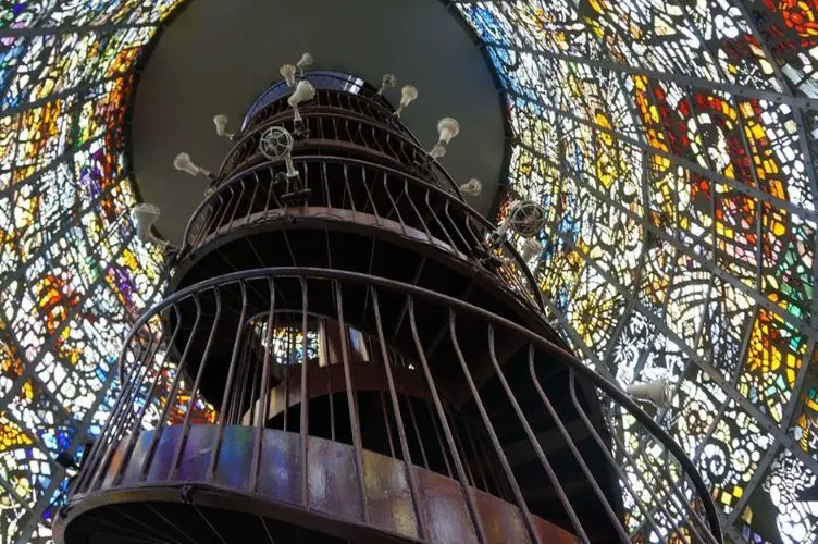 Inside the Symphonic Sculpture tower, stained glass all around