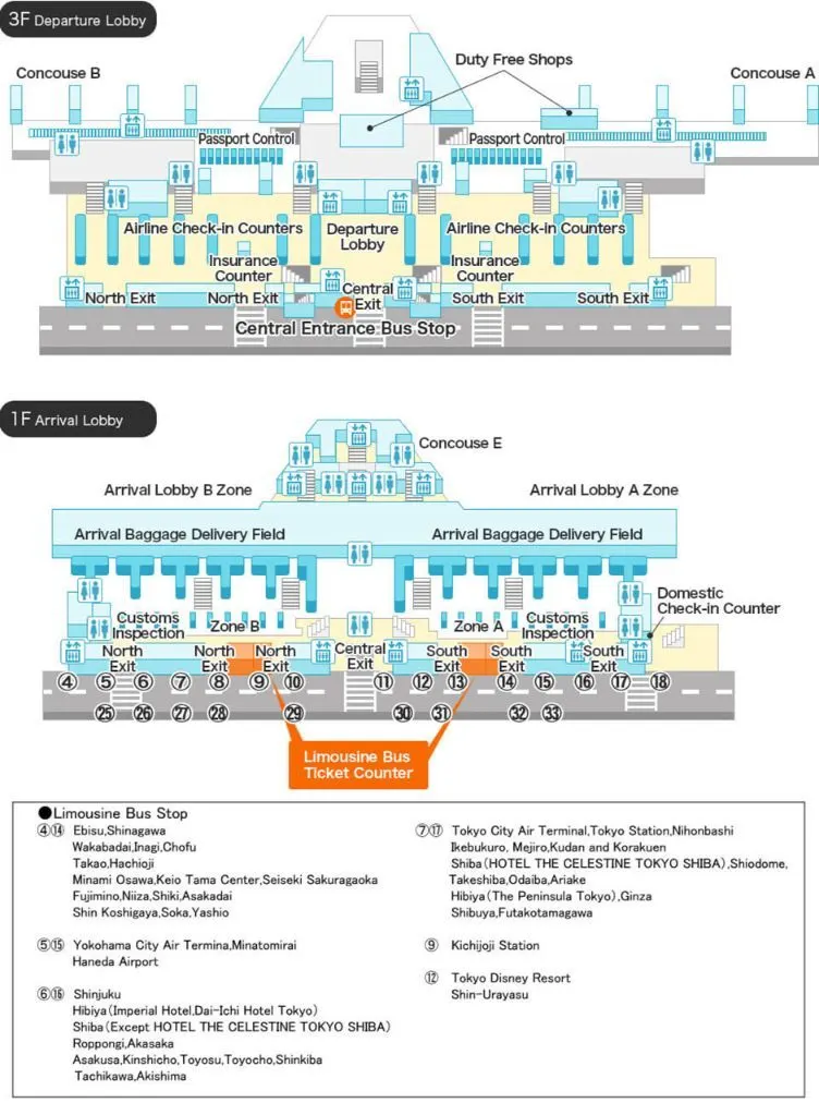 Narita Airport map showing the way to the limousine bus stop